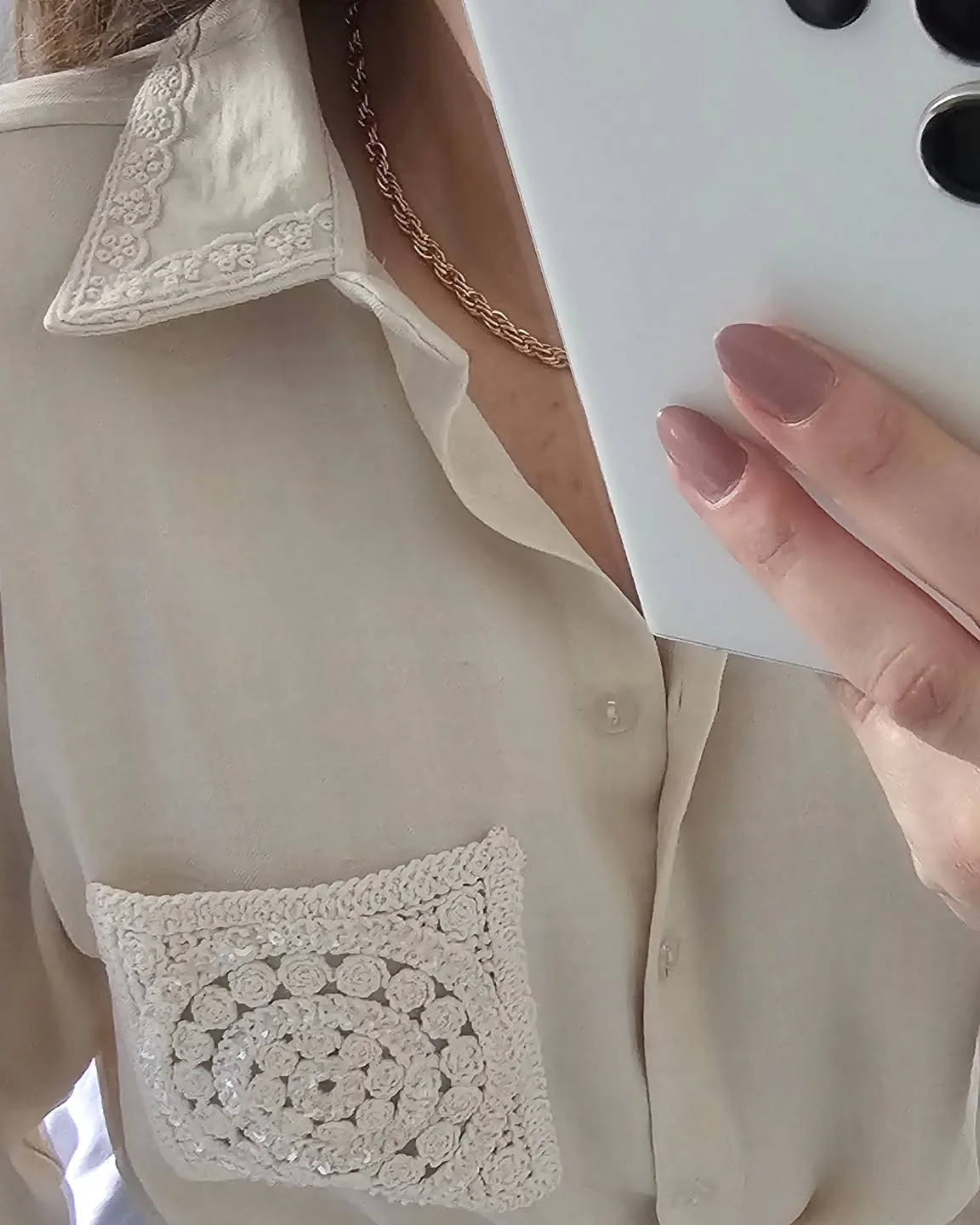 Beige Shirt with crochet Pocket view 4