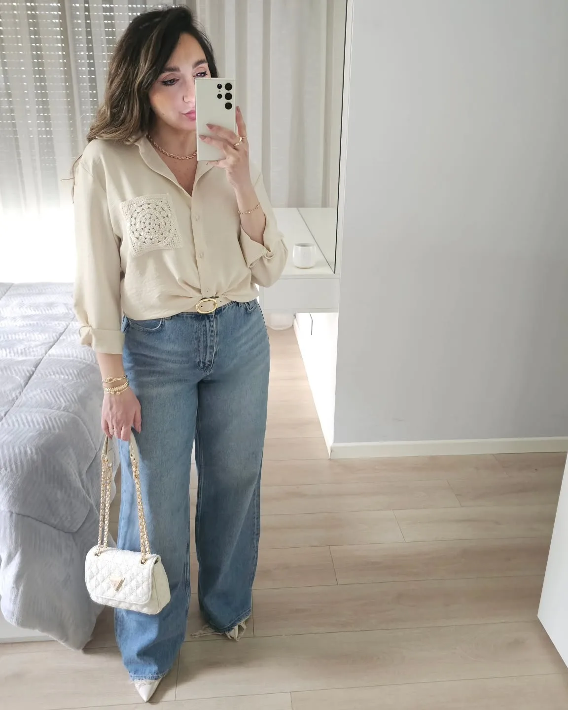 Beige Shirt with crochet Pocket view 1