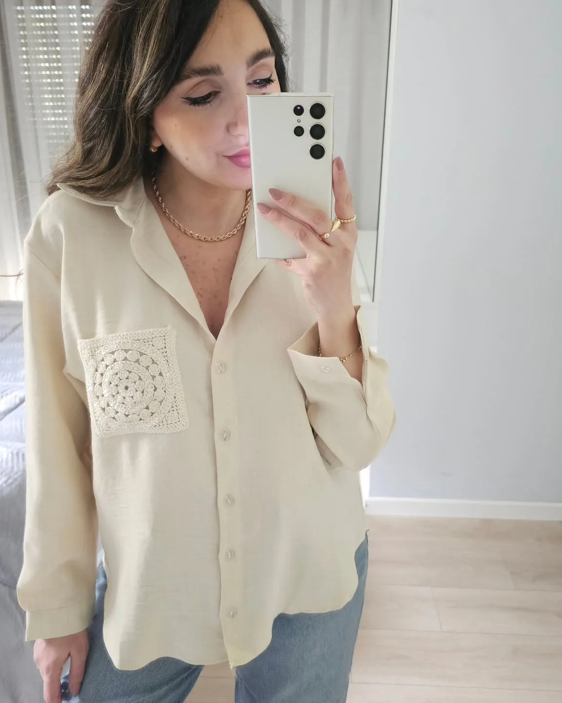 Beige Shirt with crochet Pocket view 6