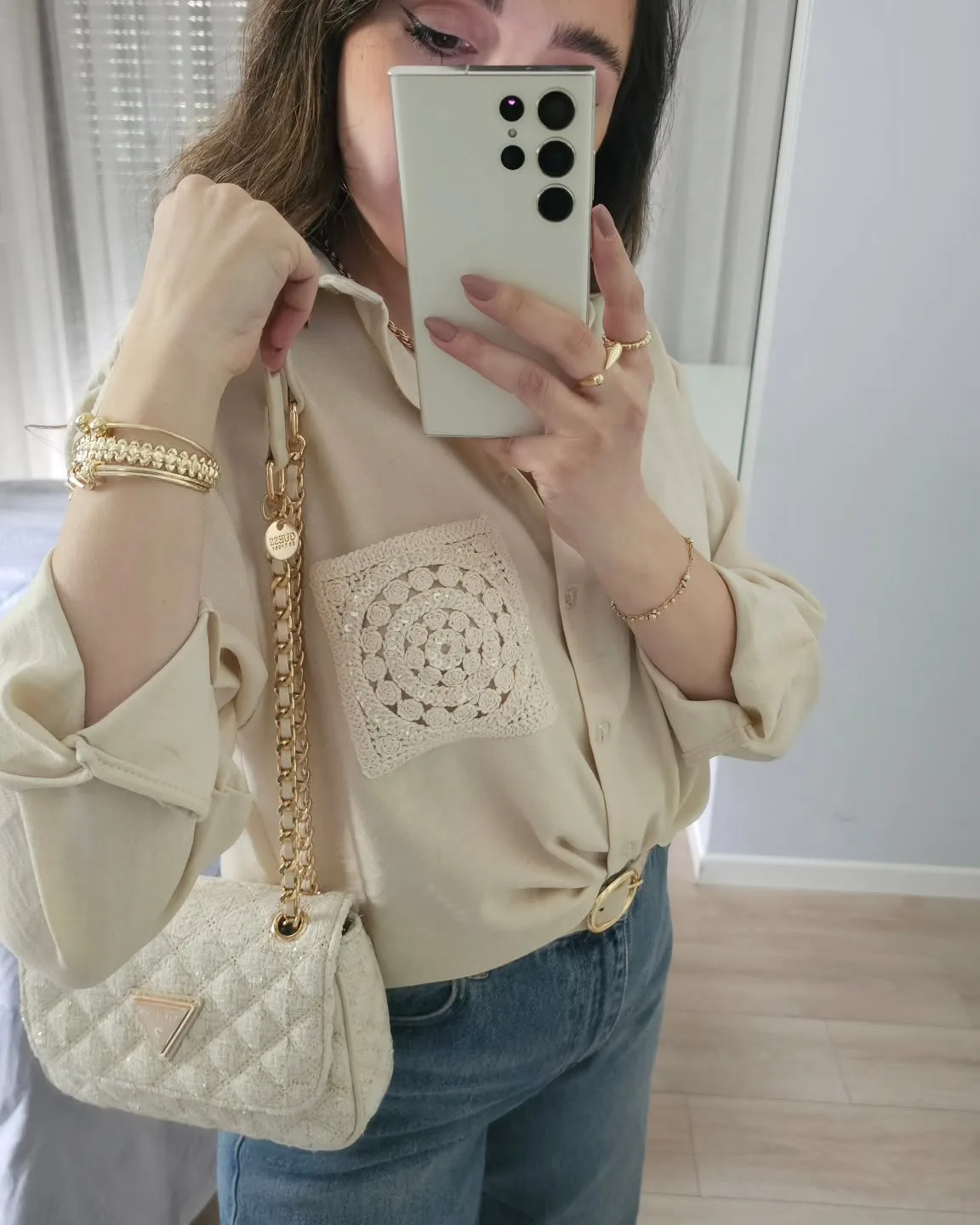 Beige Shirt with crochet Pocket view 3