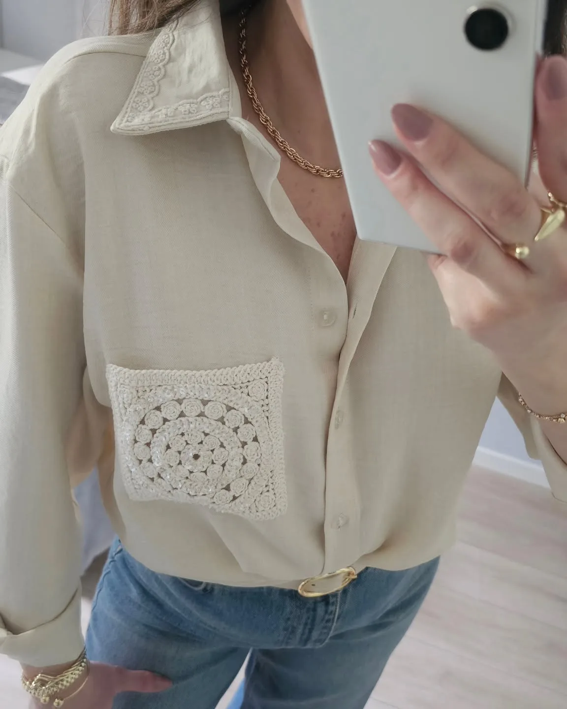 Beige Shirt with crochet Pocket view 5