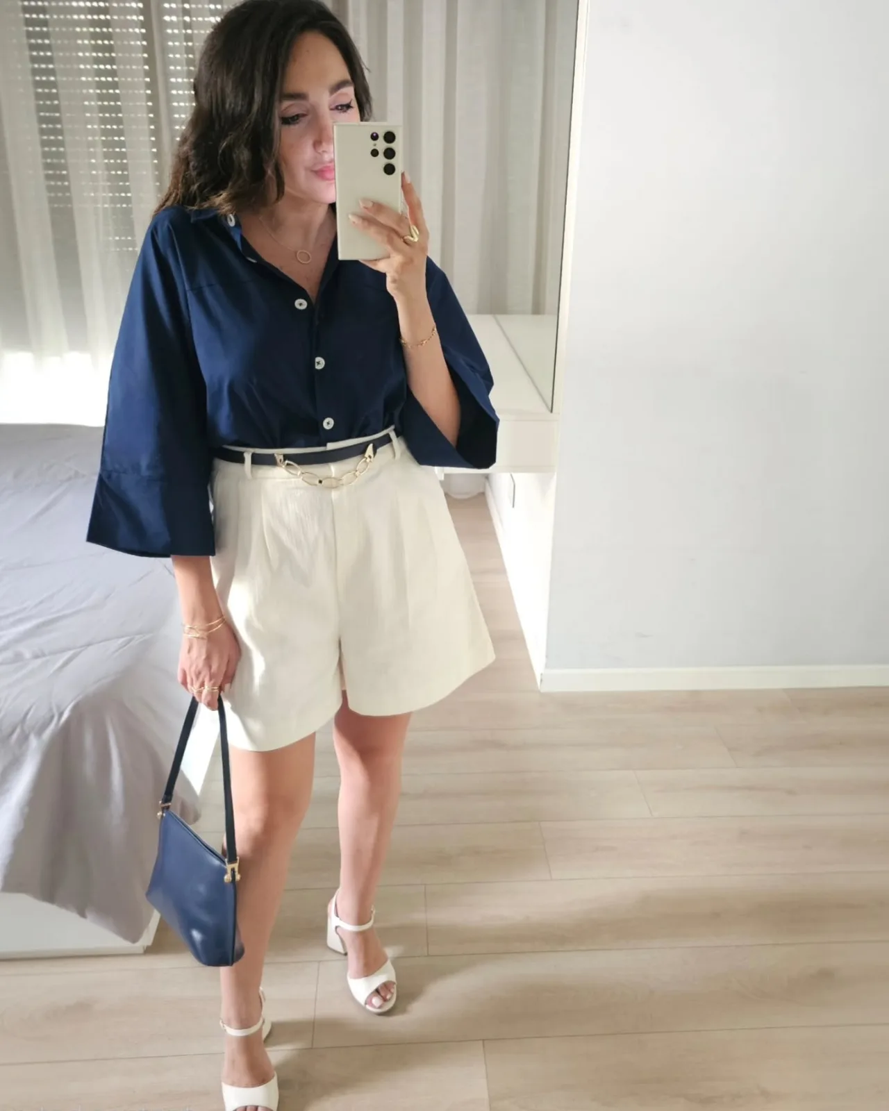 Linen Navy Oversized Cropped Shirt view 1