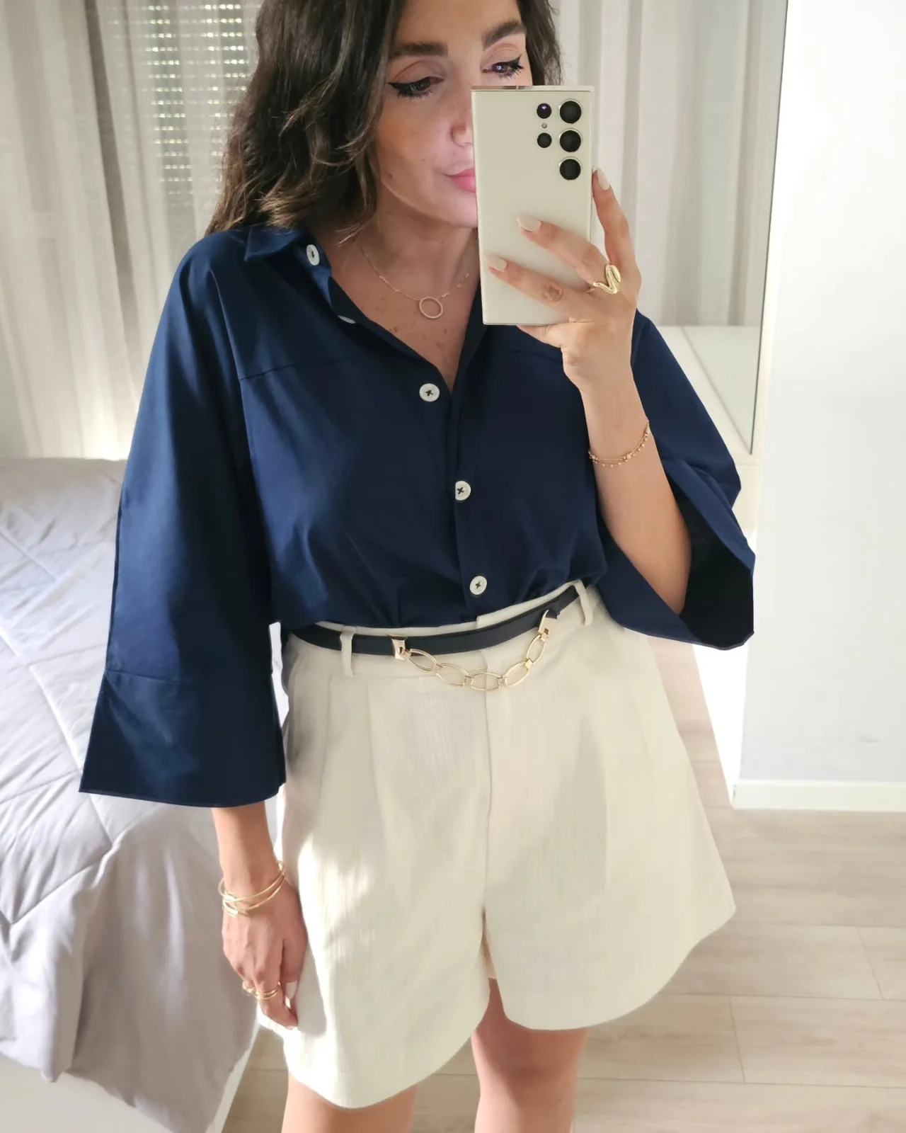Linen Navy Oversized Cropped Shirt view 5