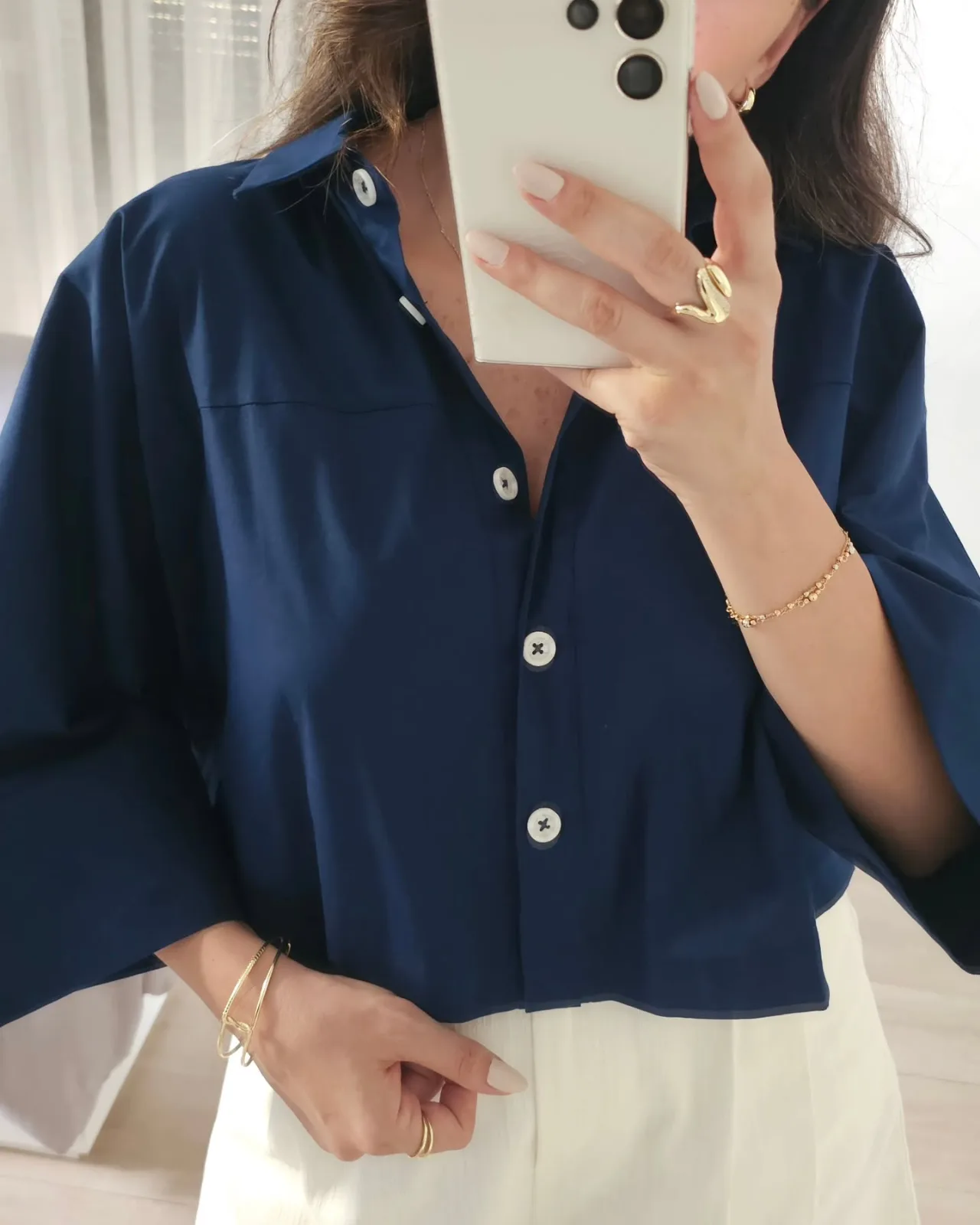 Linen Navy Oversized Cropped Shirt view 3