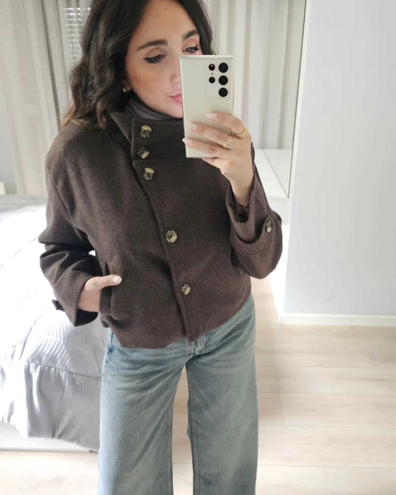 High Collar Cropped Wool Buttoned Jacket view 5