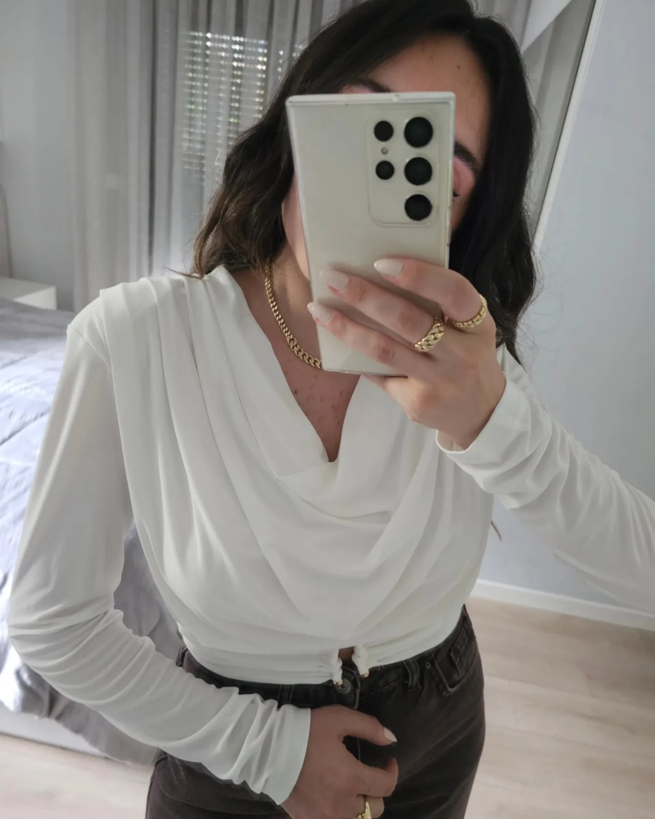 Cowl-Neck Long-Sleeve Crop Top view 4