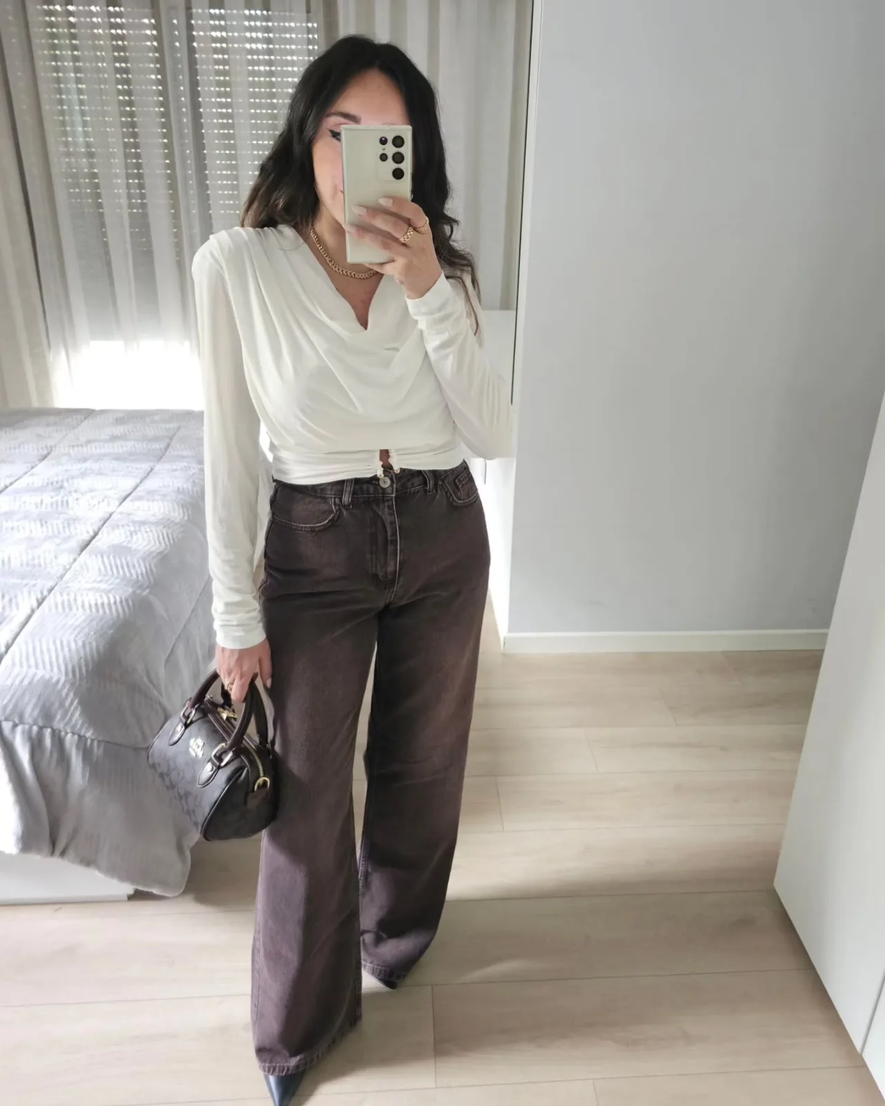 Cowl-Neck Long-Sleeve Crop Top view 3