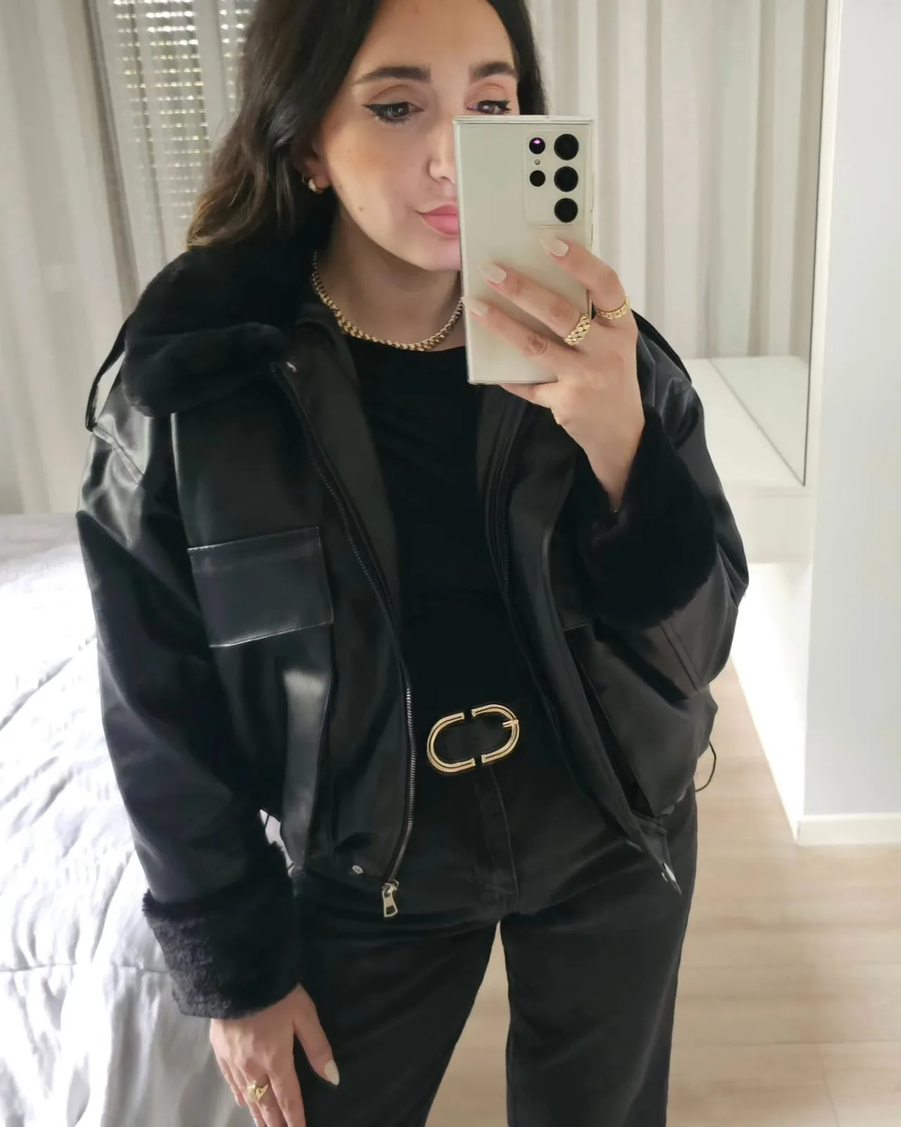 Furred oversized leather jacket view 8