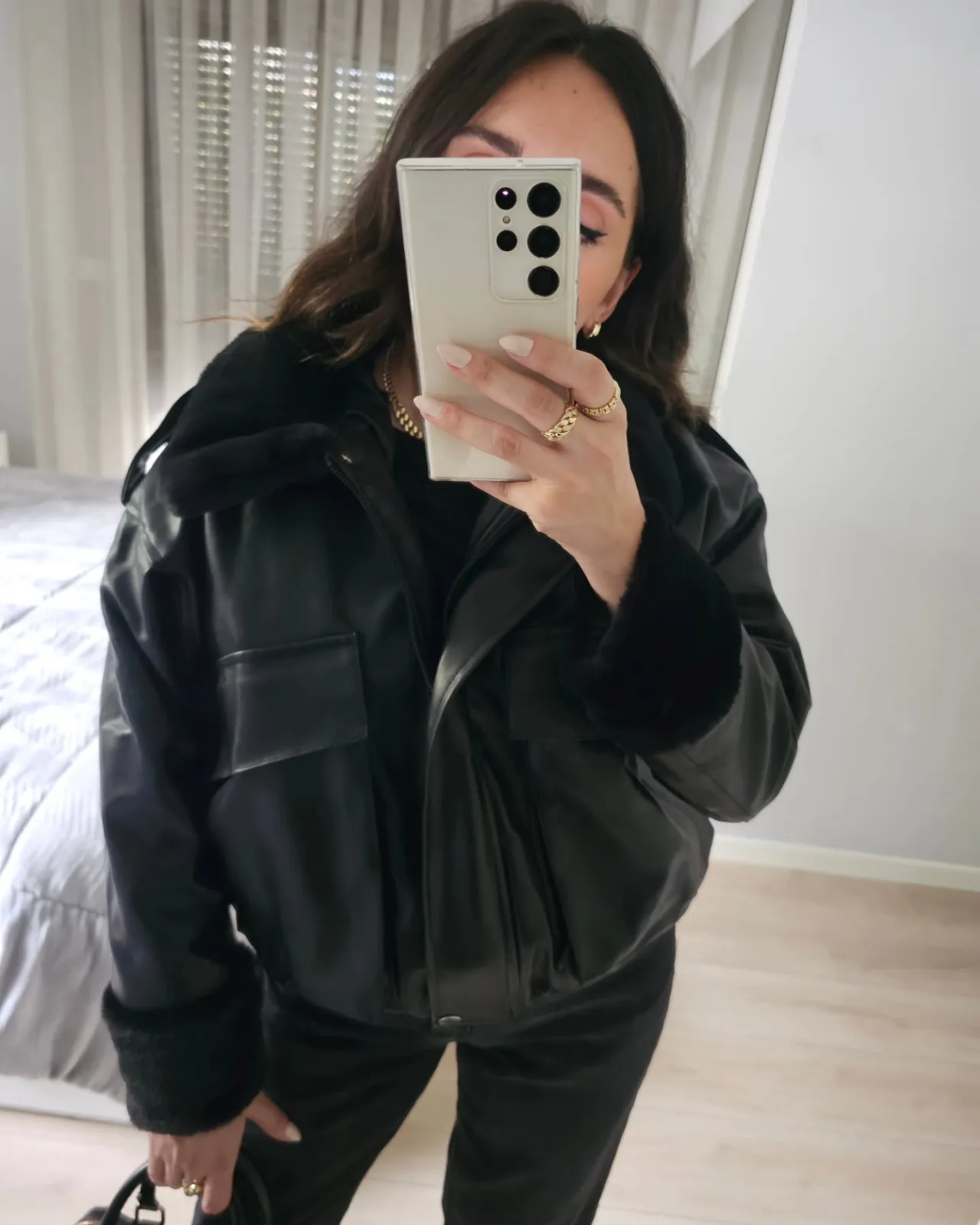 Furred oversized leather jacket view 3