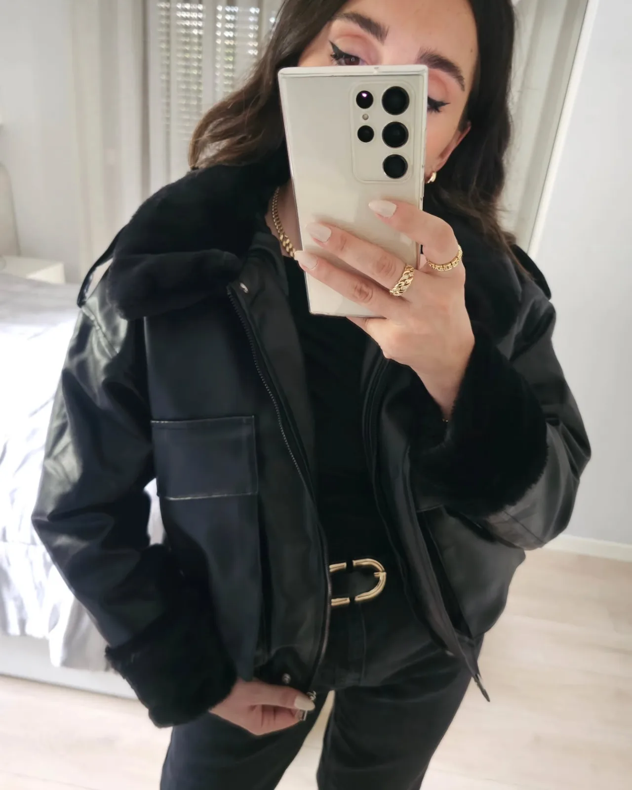 Furred oversized leather jacket view 2