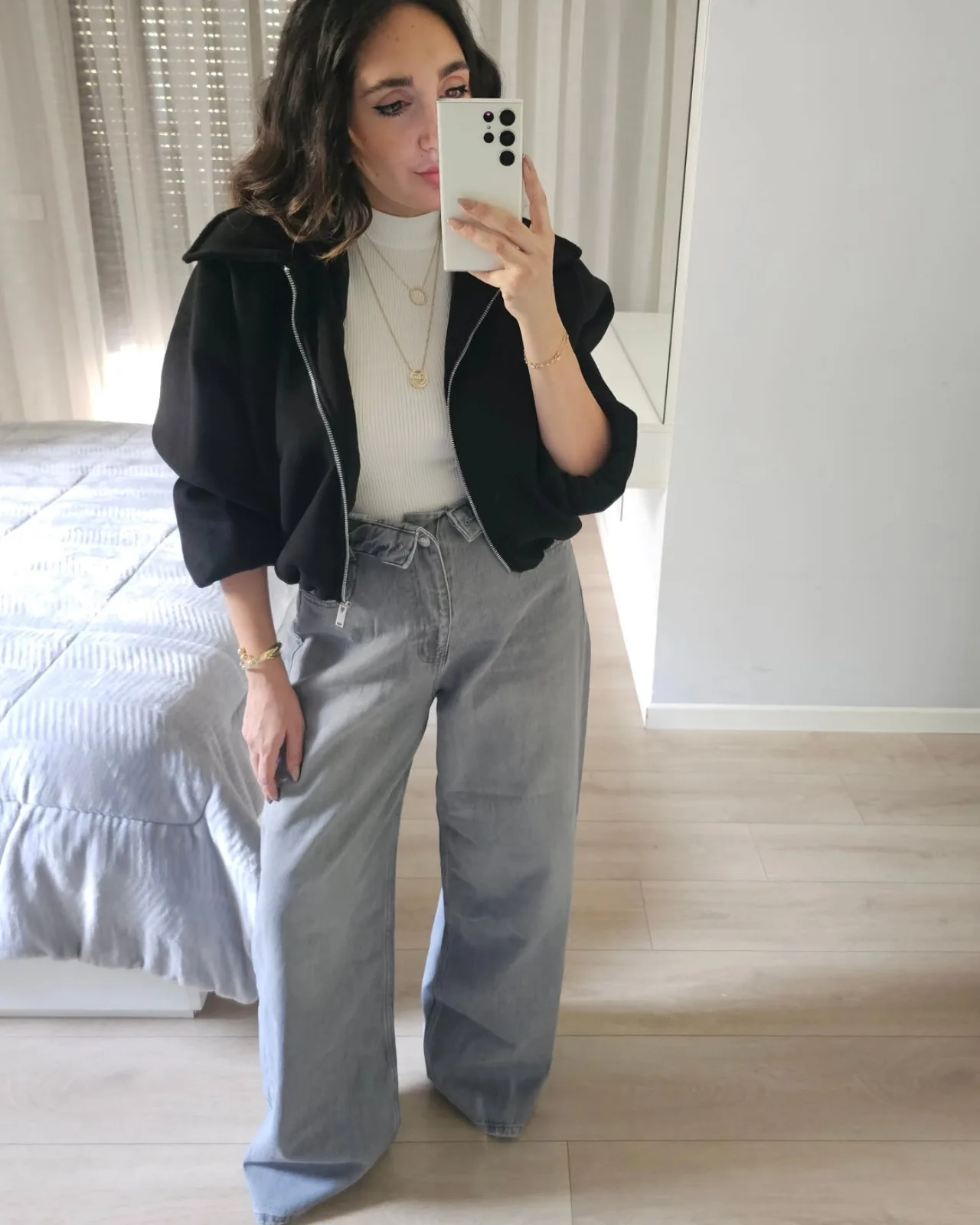 Double Waist High Rise Wide Legs Grey Jeans view 5