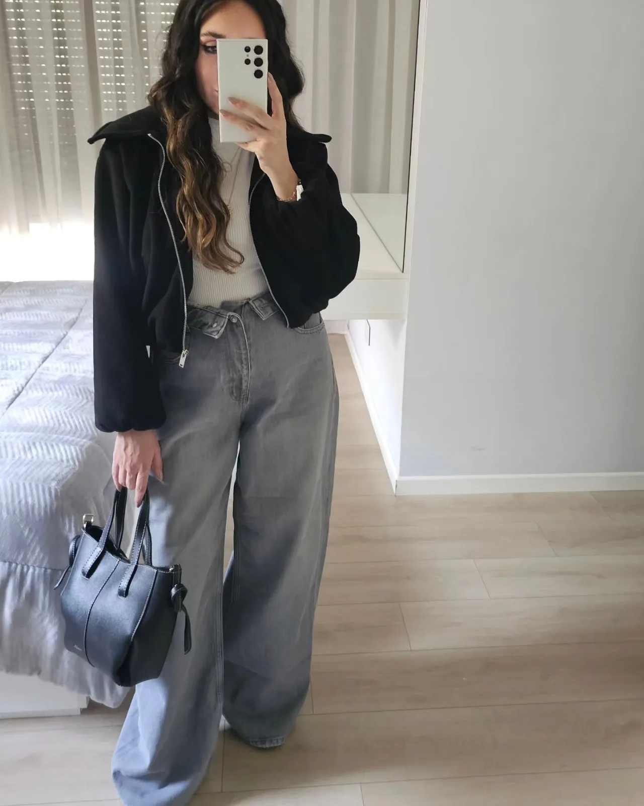 Double Waist High Rise Wide Legs Grey Jeans view 2