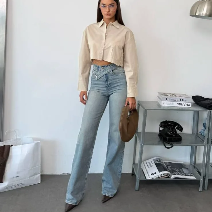 Crossover Waist Wide Legs Jeans