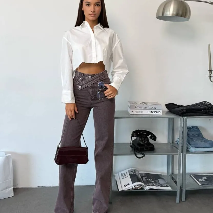 Crossover Waist Wide Legs Jeans view 6
