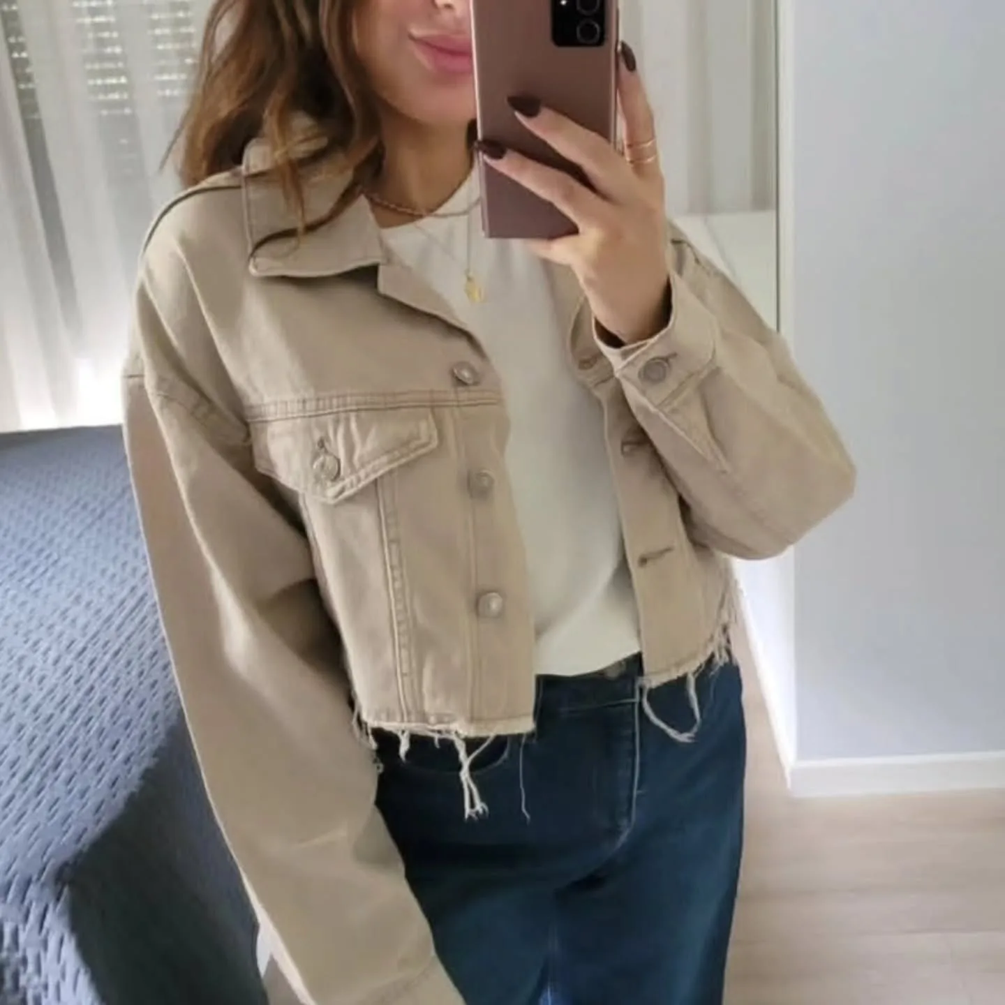 Cropped Jeans Jacket Blue White Beige view 2